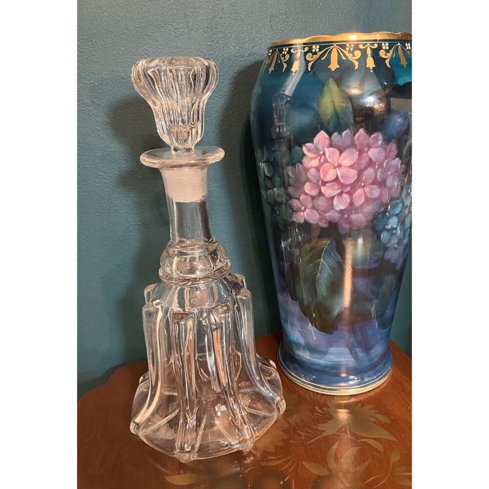 Antique Hand Blown Flint Glass PONTIL RIBBED PILLAR Bell Decanter Hollow Stopper